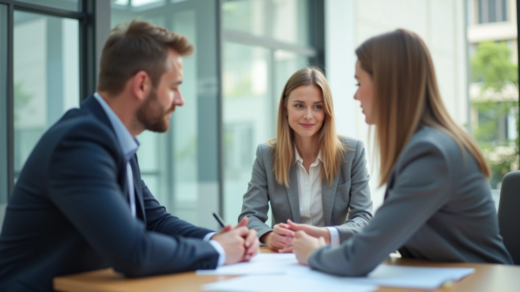 Banker berät ein Paar bei der Eröffnung eines gemeinsamen Kontos in einer modernen Bank