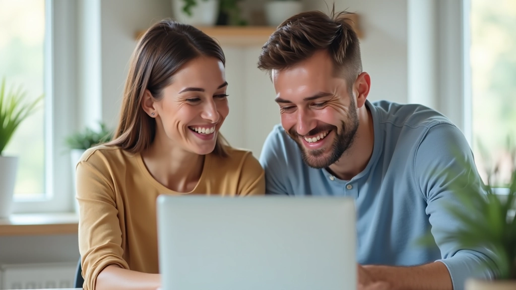 Glückliches Paar schaut sich gemeinsam ein Sparkonto auf dem Laptop an, beide lächeln, helles Homeoffice-Setting