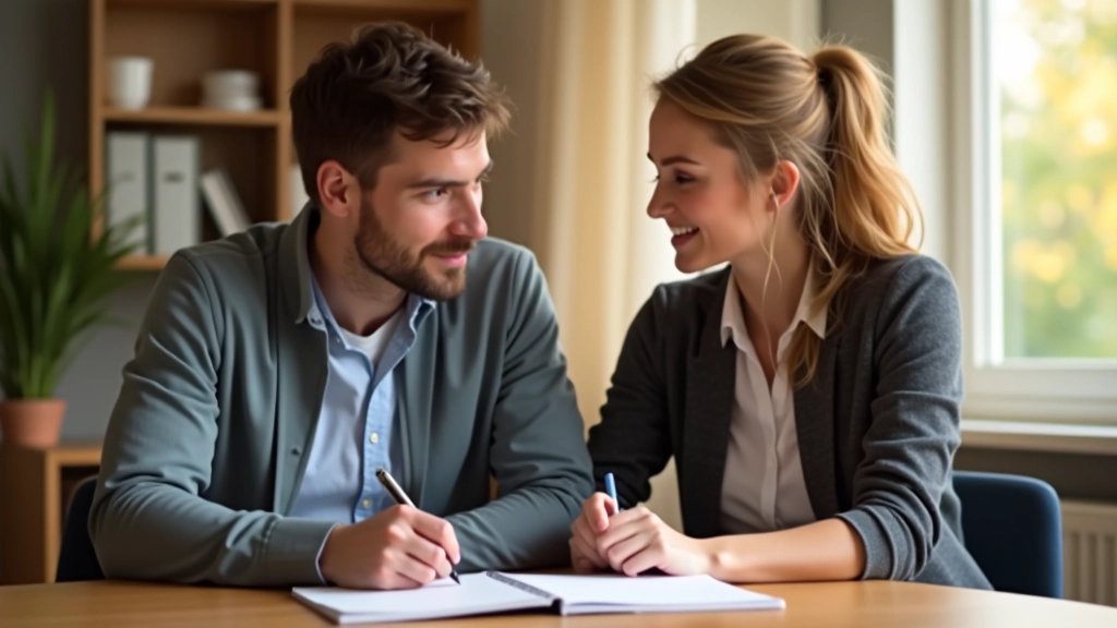 Zwei Menschen besprechen ihre gemeinsamen finanziellen Ziele an einem Tisch mit Notizbuch und Stift