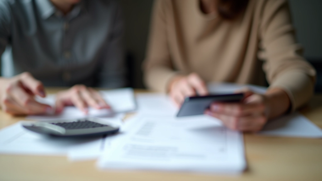 Paar sitzt am Schreibtisch mit Steuererklärungsformularen und Taschenrechner für ihre gemeinsamen Finanzen