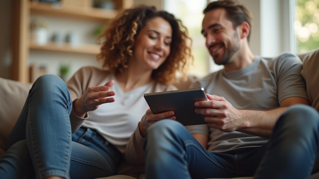 Zwei Menschen schauen gemeinsam auf ein Tablet und überprüfen ihre gemeinsamen Kontoauszüge und Transaktionen