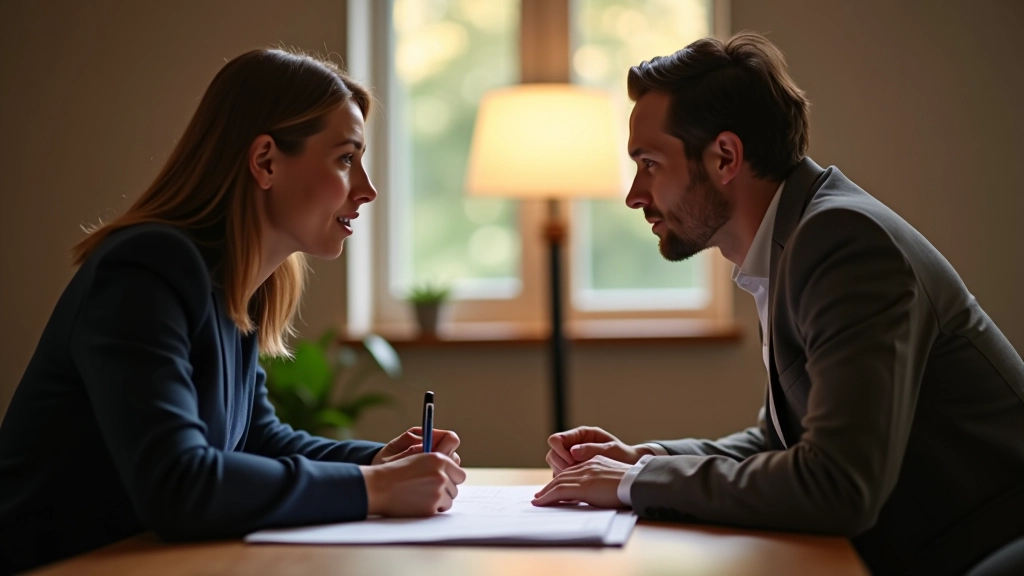 Zwei Menschen sitzen sich gegenüber und besprechen ihre gemeinsamen finanziellen Ziele anhand von Notizen